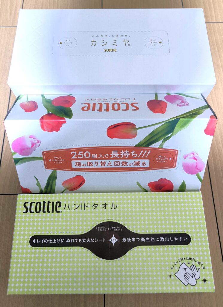 プレミアムティシュー カシミヤ エンボス 1箱・スコッティ ハンドタオル 100 スマートタイプ・キッチンタオル 150カット 2ロール